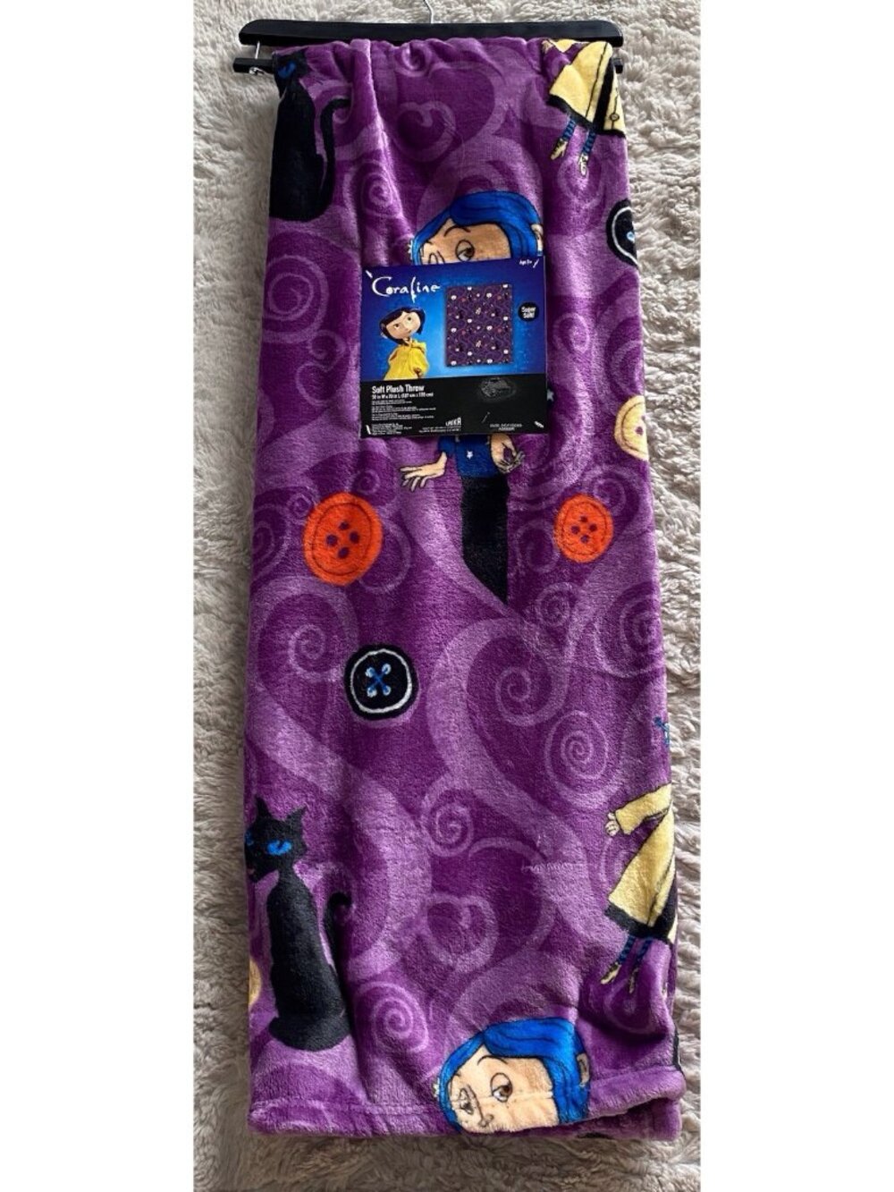 Coraline Button Eyes Black Cat Purple Super Soft Plush Throw 50” X 70” VIRAL NEW